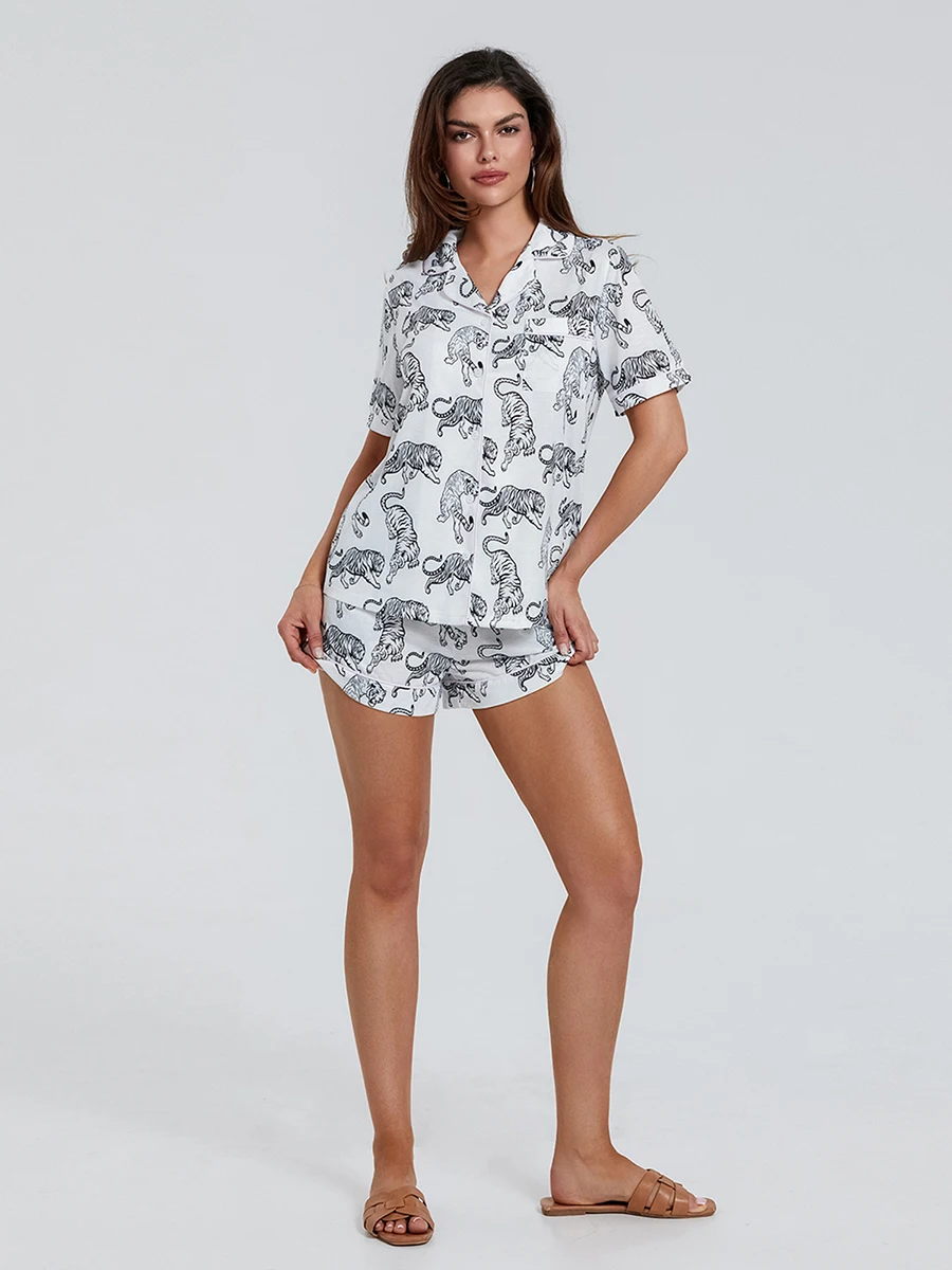 Women Tiger Pajama Shorts Sets 2 Piece Outfit Short Sleeve Button Up Shirt Wide Leg Shorts Suit Lounge Set Sleepwear