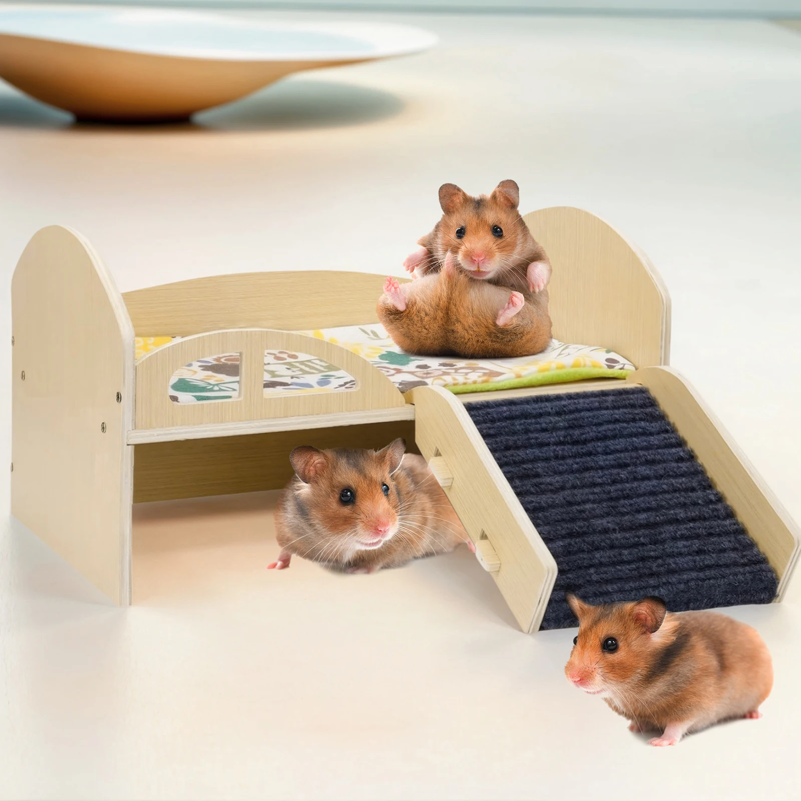 Cama de madera para animales pequeños con escaleras y esterilla estables, plataforma oculta de Guinea, resistente al desgaste, Castillo de conejillo de indias de varios niveles para regalo de mascotas