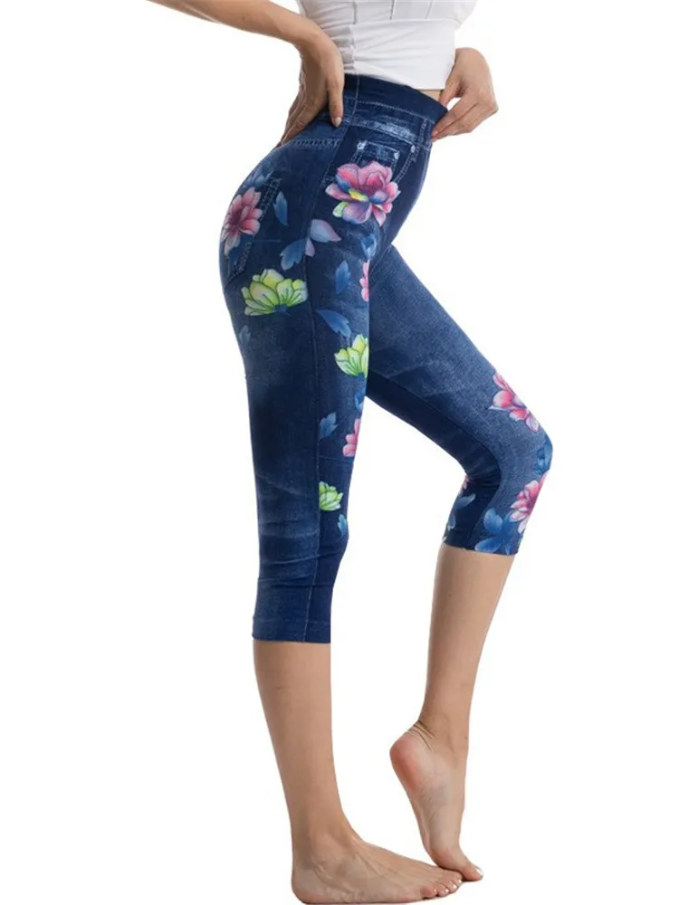 LJCUIYAO-pantalones de mezclilla de imitación para mujer, pantalones Capris de cintura alta, Jeggings elásticos, Casual, Fitness, flor, moda