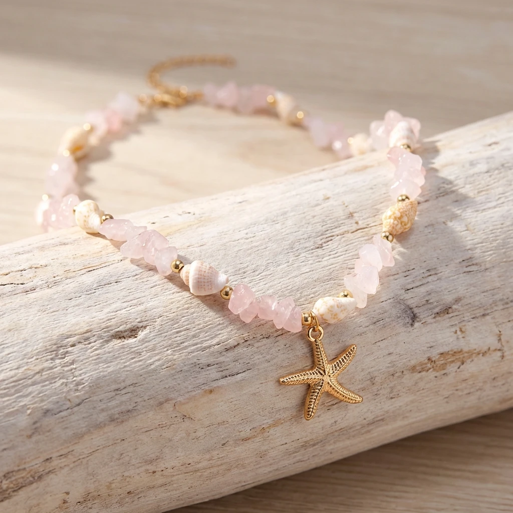 Boho Muschel Rosa Stein Choker Halskette für Frauen Goldfarben Seestern-Anhänger Strand-Schmuck für Sommerurlaub Y2K Ästhetisches Geschenk – Detail 4
