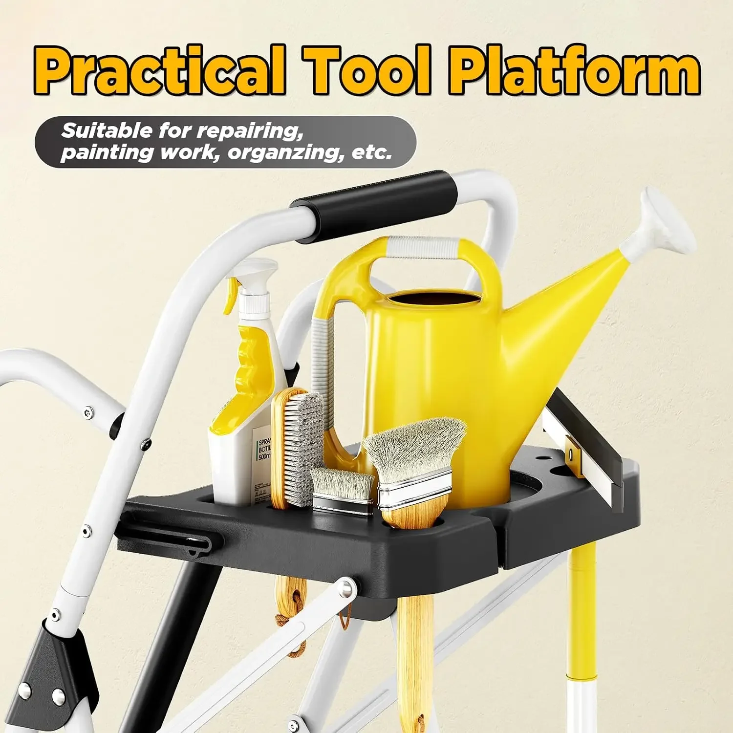5 Step Ladder with Tool Tray, Folding Steel Step Stool with Safety Lock, Anti-Slip Wide Pedals, Large Load Capacity, Handrail
