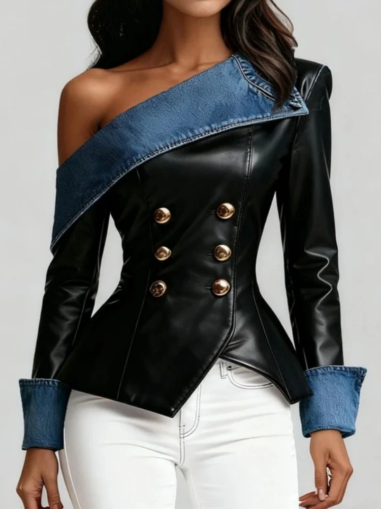 Retro PU-Splice-Denim-Off-Shoulder-Top für Damen, schräger Kragen, langärmlig, zweireihig, modische Streetwear, schmal geschnittenes Hemd