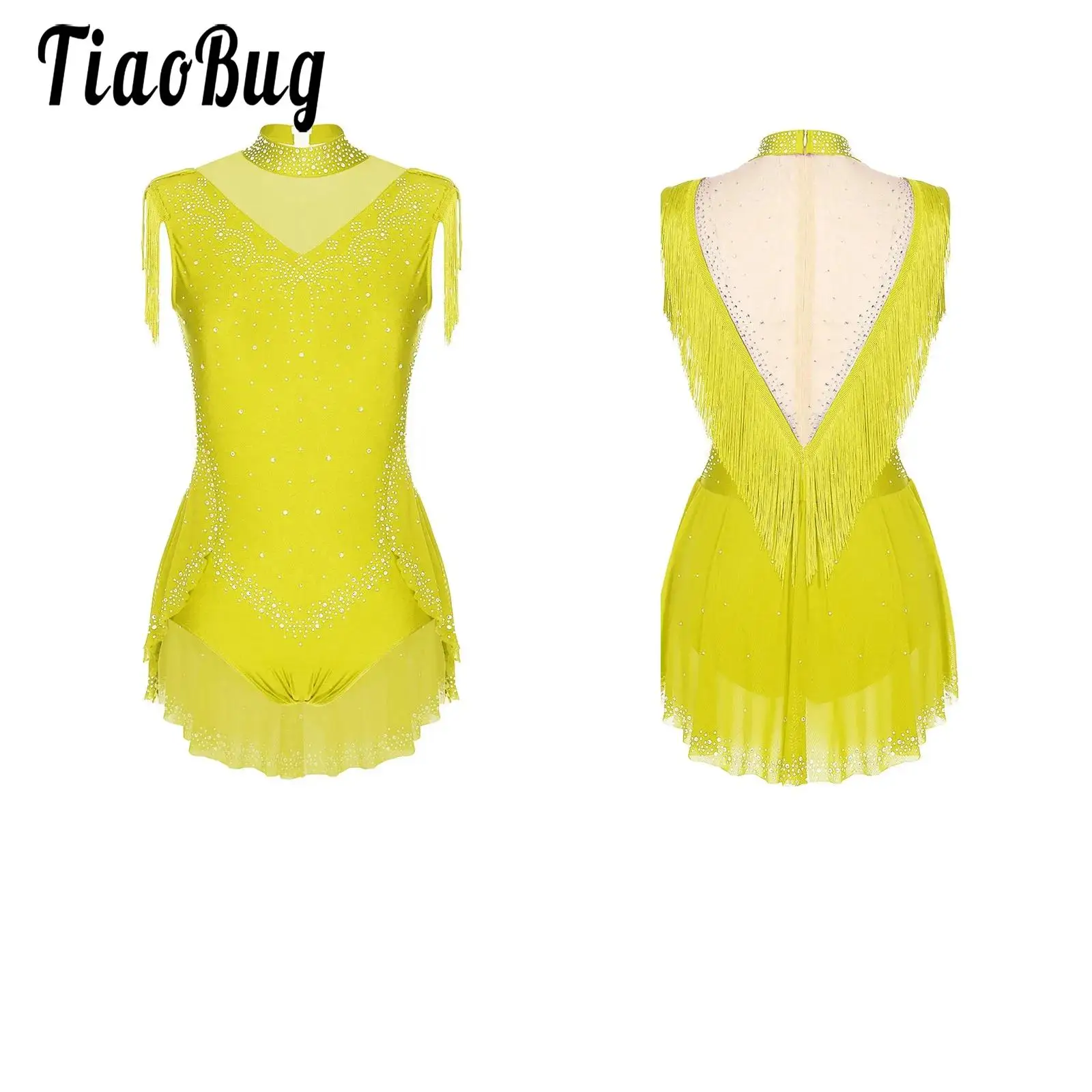 

Girls Skating Modern Dance Leotards Skirted Sleeveless Sparkly Rhinestones Bodysuits Patchwork Mesh Tassel Gymnastic Dancewear