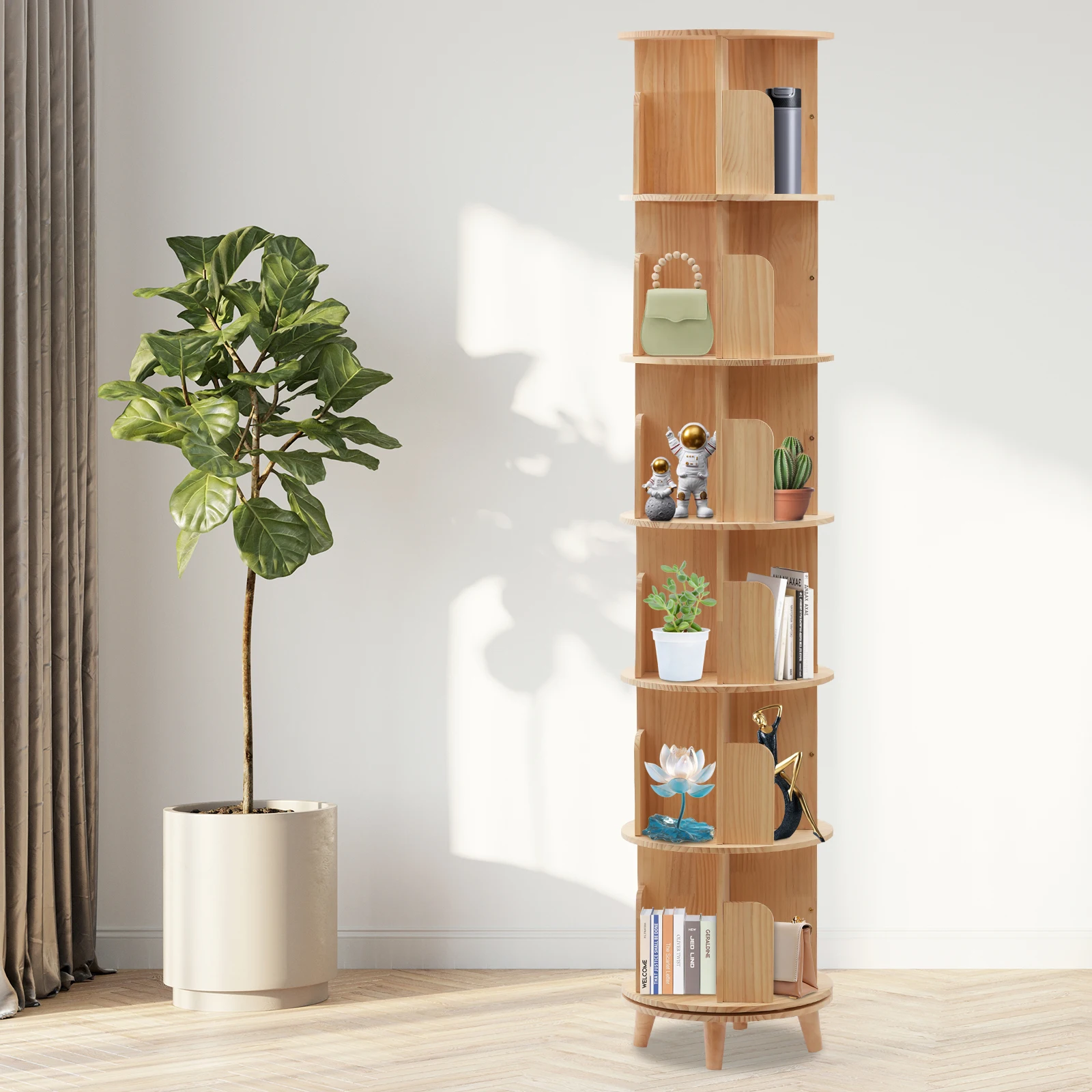 6 Tiers Rotating Bookshelf, Wood Narrow Bookshelf Organizer, 360 Display Floor Standing Bookcase Storage Rack