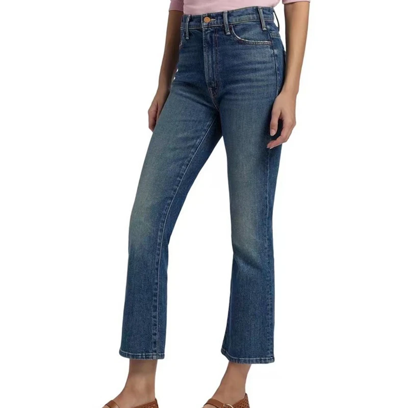 

Французские минималистичные повседневные джинсы Maxdutti с высокой талией, темно-синие, облегающие, расклешенные, укороченные, для женщин, джинсовые брюки