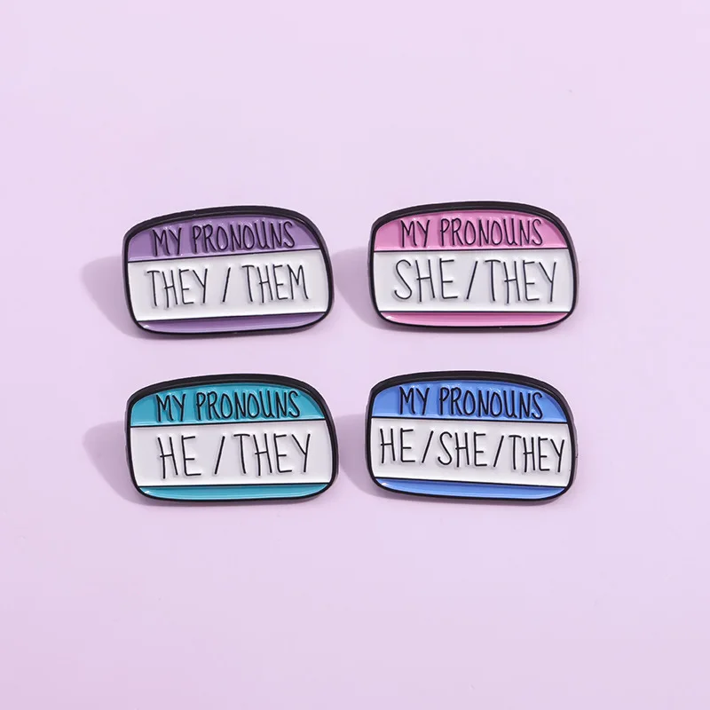 My Pronoun They Them He She Enamel Pins Custom Personal Pronoun Brooches Lapel Badges Fun Text Box Jewelry Gift Wholesale