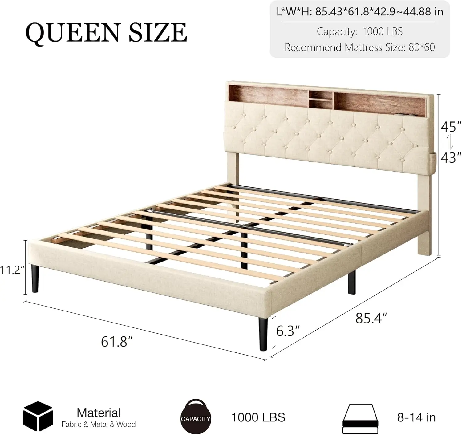 Queen Size Bed Frame-Heavy Duty Wooden Platform Bed with Storage & Adjustable Headboard, Built in Charging Station