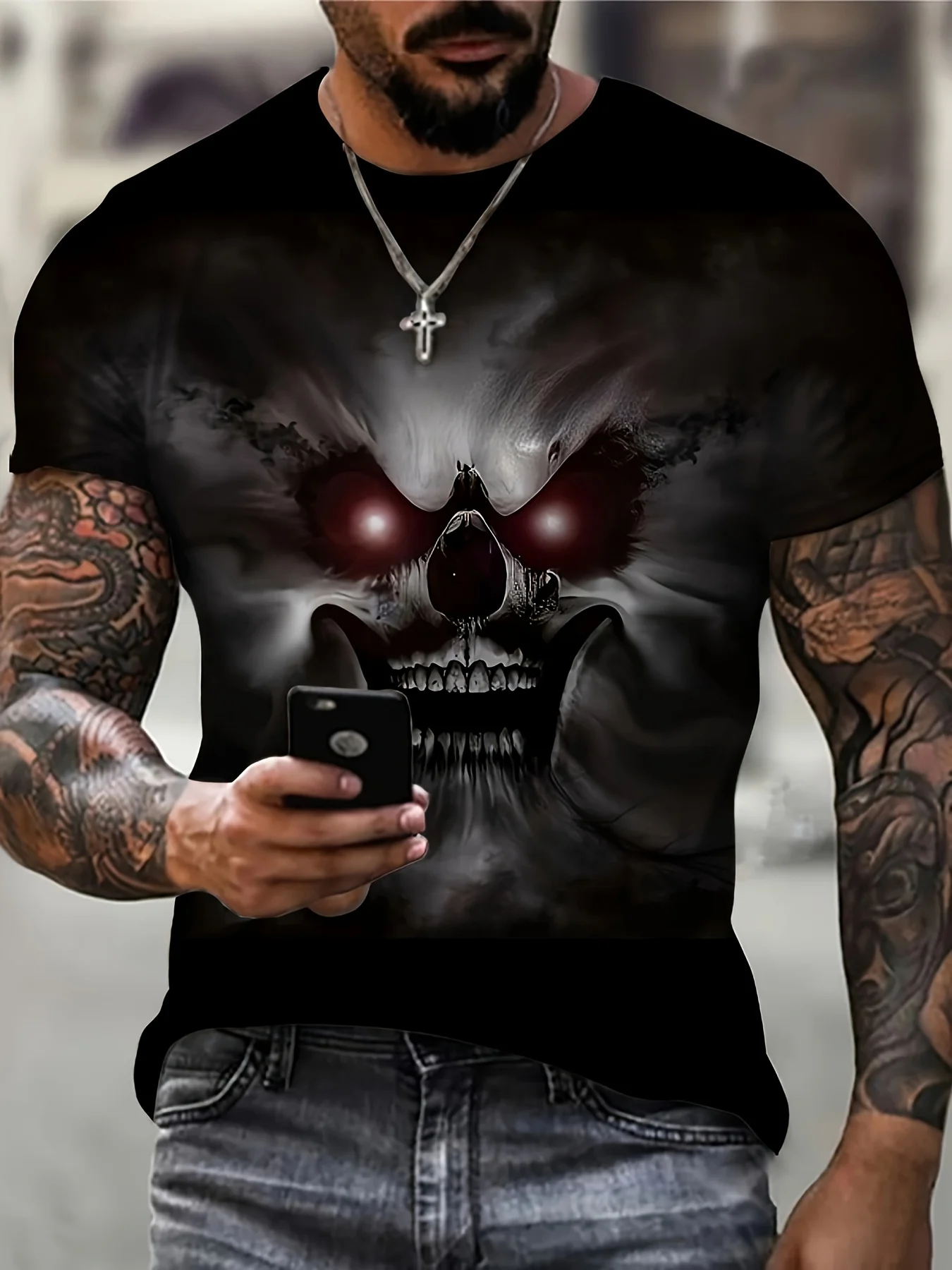 

2024 new black T-shirt creepy skull laugh print men short sleeve