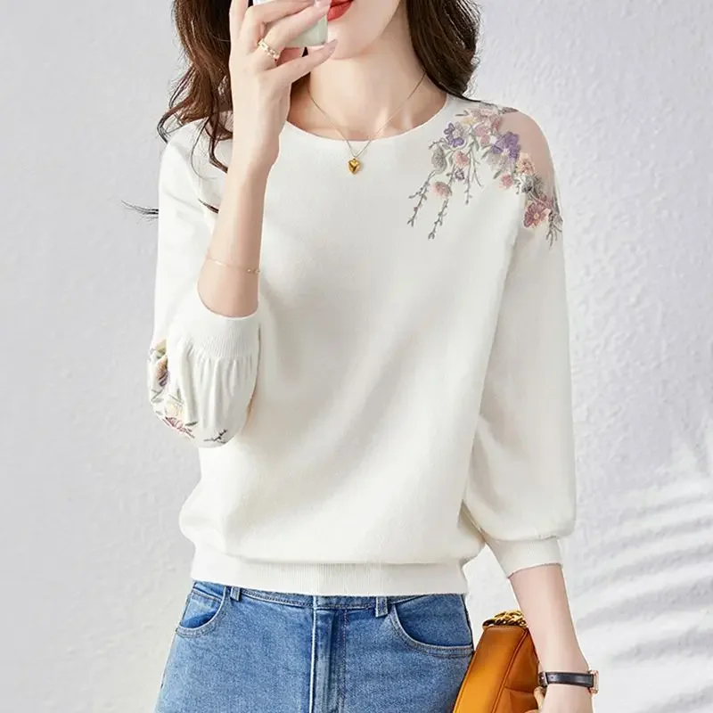 Stylish Loose Knitted Folds Off Shoulder Embroidery Blouse Female Clothing 2024 Summer New Casual Pullovers Tops Korean Shirt