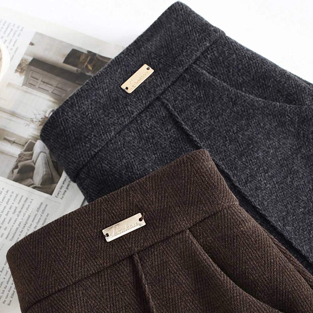 سراويل واسعة الساق باللون الرمادي على الطراز الكوري لخريف وشتاء المرأة الجديدة الراقية بالإضافة إلى حجم السراويل غير الرسمية ذات الخصر المرن