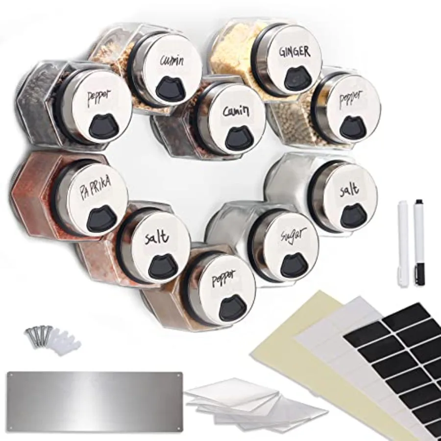 

Набор из 10 шт. больших шестигранных стеклянных баночек для специй (5 унций) с магнитным креплением на холодильник, с этикетками, крышками-шейкерами и магнитным основанием