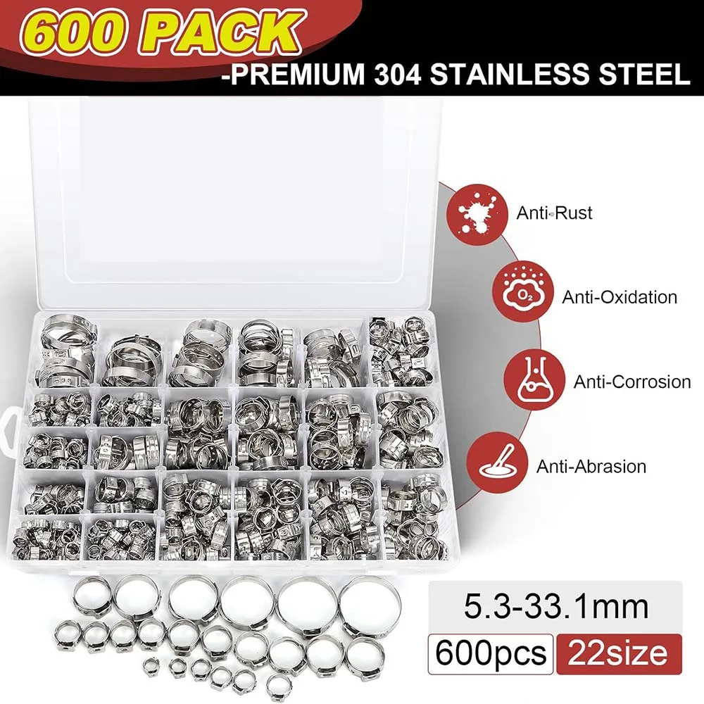 600PCS penjepit selang telinga tunggal, 5.3-33.1mm penjepit selang Crimp 304 penjepit selang Stainless Steel, penjepit telinga untuk otomotif, selang pipa