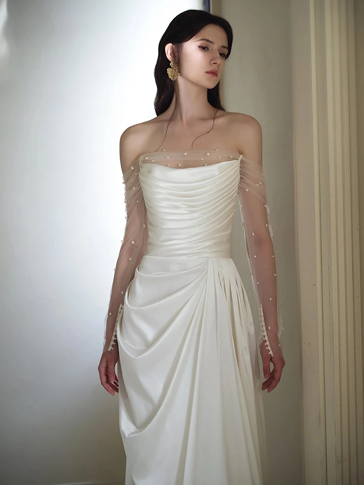 

Ele Satin Wedding Dr 2026 New Sle Vintage oulder One-oulder Long Sve Bridal Gown for Hotel Indoor Ocns