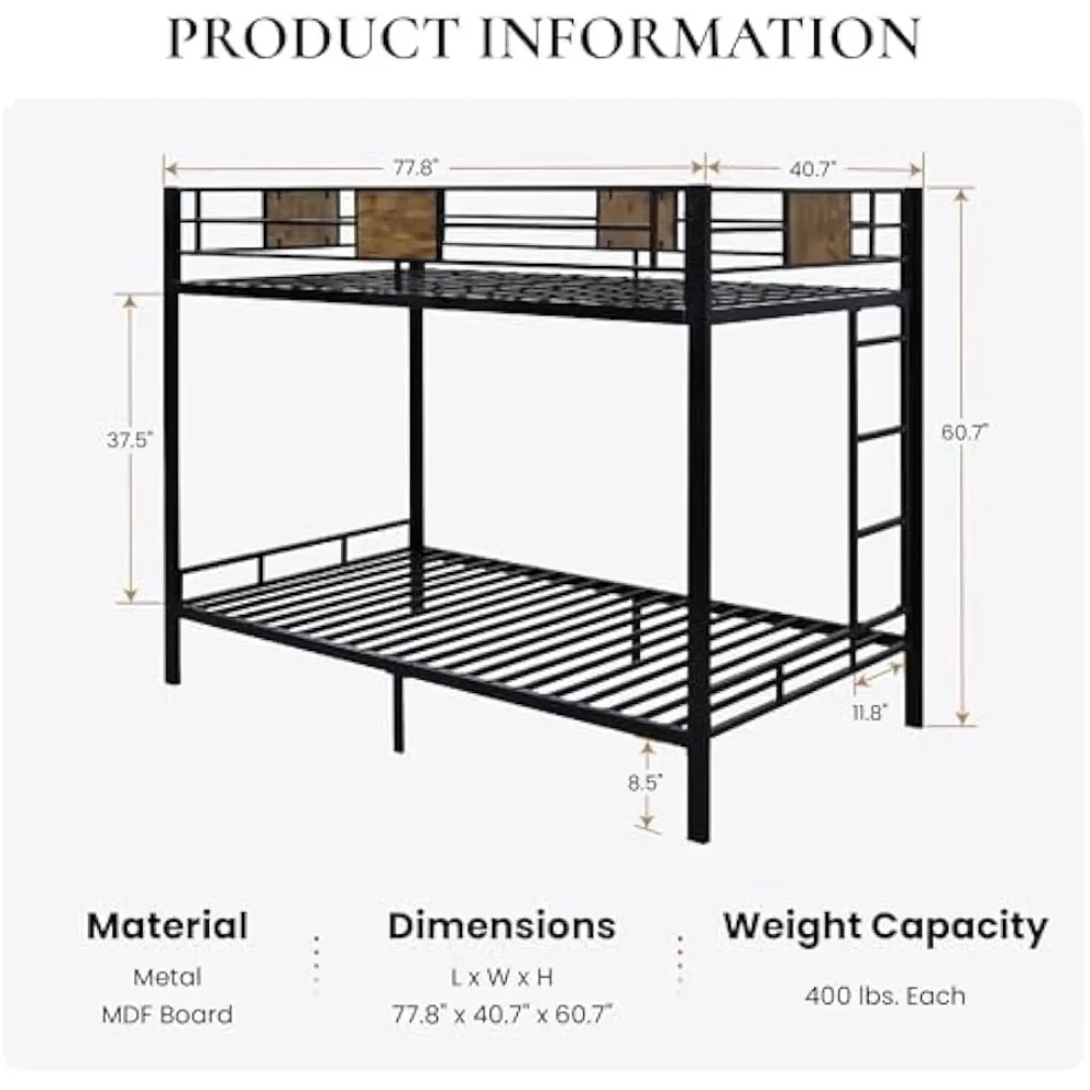 Bunk Bed Twin Over Twin Size with Ladder and Full-Length Guardrail, Metal, Storage Space, No Box Spring Needed, Noise Free,Black