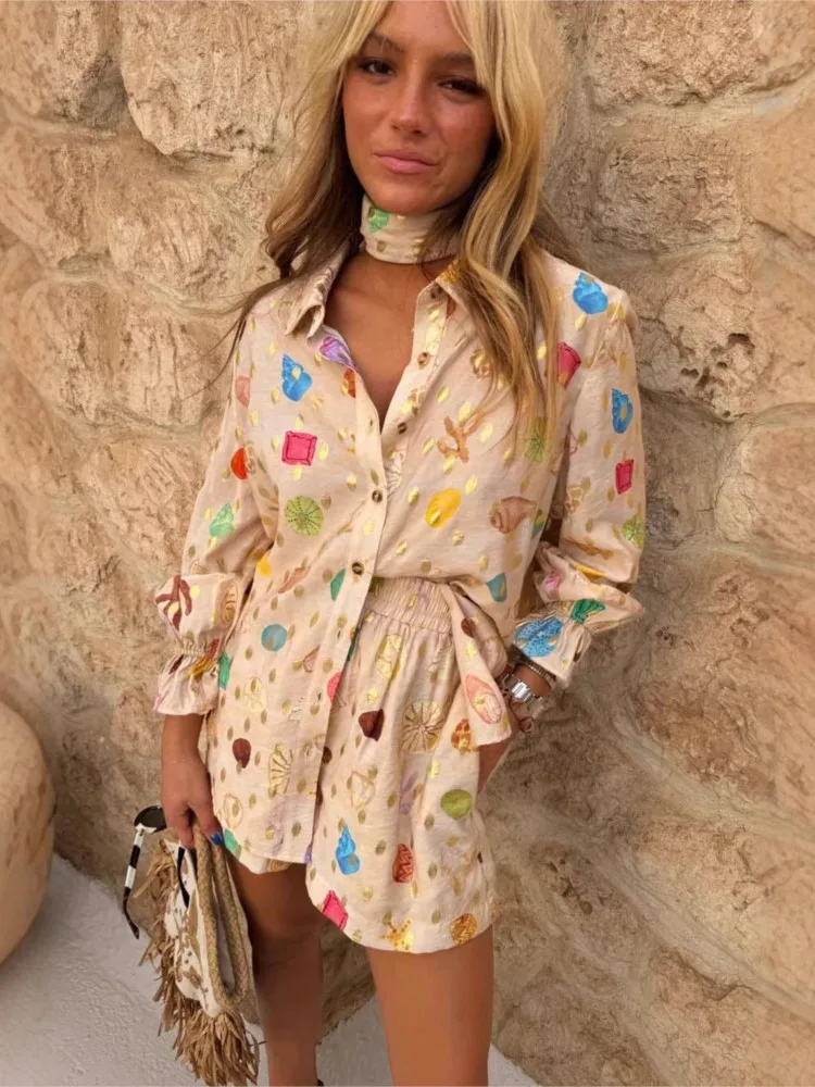 

Women's Fashion Printed 2 Piece Set Loose Lapel Long Sleeve Single Breasted Shirt Elastic Waist Shorts Set Casual Vacation Suit