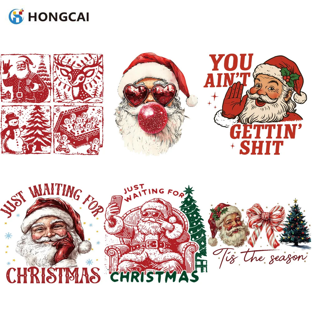 مجموعة مكونة من 6 قطع من ملصقات الفينيل المرنة والمضحكة لنقل الحرارة سانتا كلوز - مثالية للديكور بنفسك على الملابس (تي شيرتات، هوديي