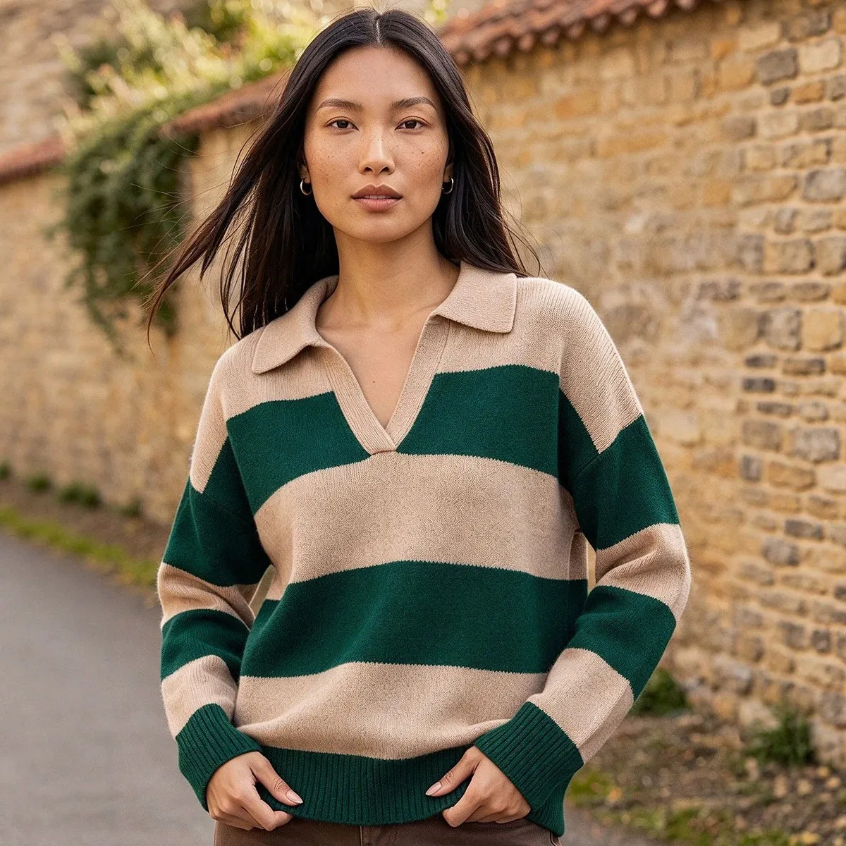 Striped Long Sleeve Top with Polo Collar Pullover Casual Medium Weight Regular Length Women Long Sleeve Shirts for Autumn