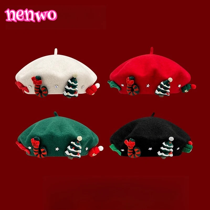 

Японский сладкий рождественский элемент, красный шерстяной берет для женщин, зимняя теплая универсальная студенческая шляпа художника, модная