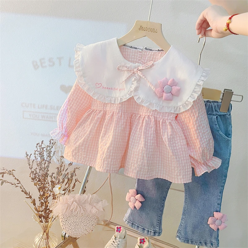 Baby Girls Clothing Sets 2022 Autumn Kids Outfits Toddler Infant Lace Floral Tops Jeans 2 Pcs Suit Children Princess Clothes