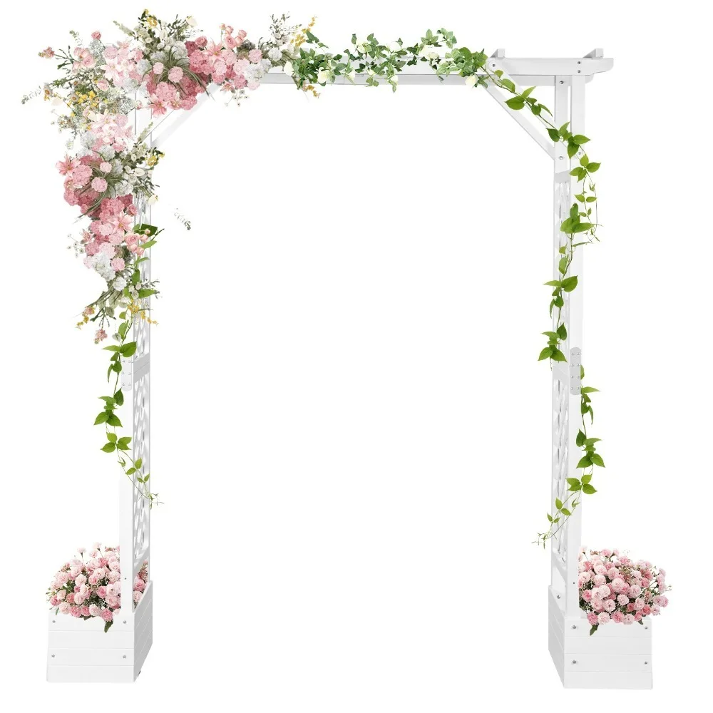 ​7.2 FT White Flat Top Wooden Arch with Planting Frame for Ceremony Party Decor