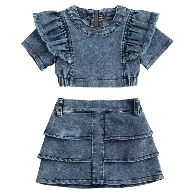

2Piece Summer Kids Clothes Girls Korean Fashion Denim Short Sleeve Blue Tops+Skirt Baby Boutique Clothing Children's Sets BC442