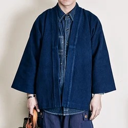 Indigo Jacket Men Vintage Kendo Suit Heavy Weight Cotton Blue Dyed Jacket Male Loose Casual Cardigan Coat Autumn Men's Clothing