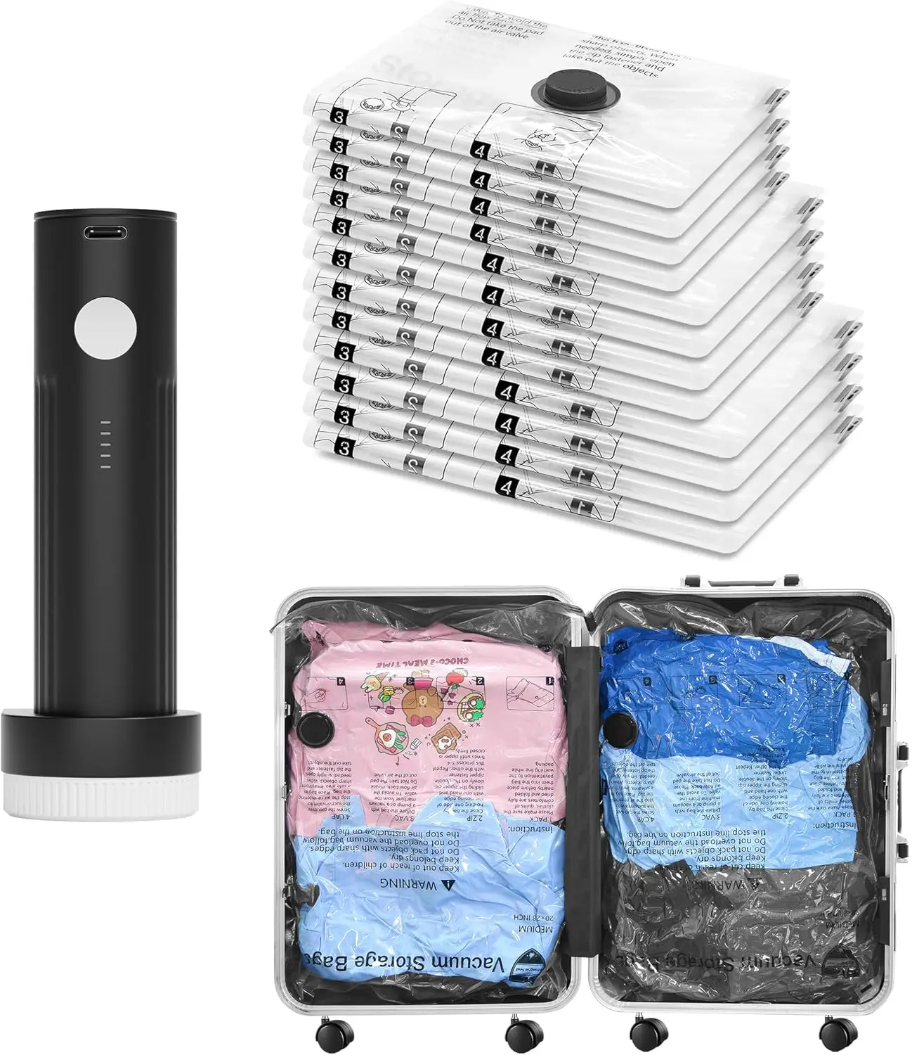 12Pcs Travel Vacuum Storage Bags Set with Portable Rechargeable Electric Pump Space Saver Compression Packing Bags for Clothes Luggage Suitcase Backpack Organizer Wardrobe Storage Essentials view 3
