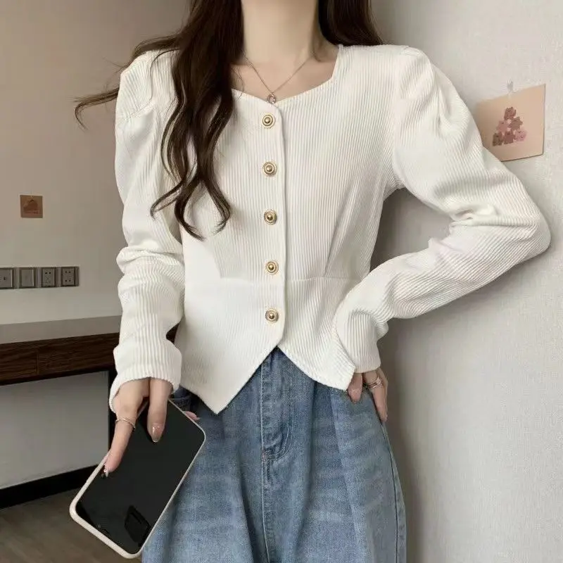 Spring Autumn Women Trendy Square Collar Ribbed Y2K Chic Button Jackets Casual V Neck Long Sleeve Solid Slim Coat Ropa De Mujer