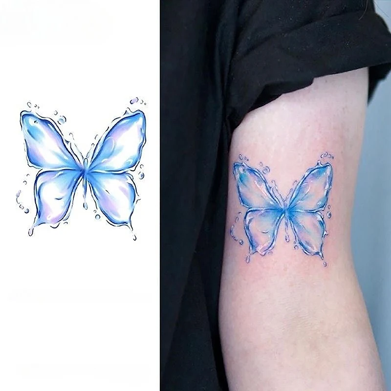 Pegatina de tatuaje temporal impermeable, gotas de agua azules, mariposa falsa, tatuaje de transferencia, pierna, brazo, mano, pie, arte corporal para mujer