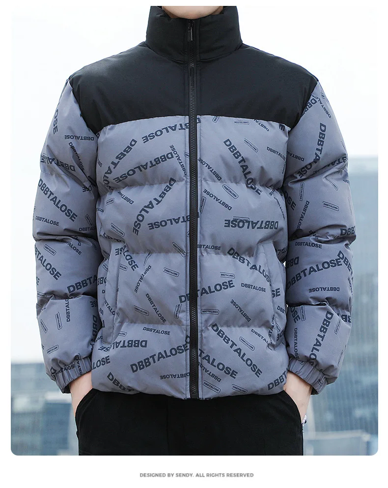 2023 New Winter Thicken Warm Down Cotton Coat  Fashion Casual Splice Loose Bread Jacket Cardigan Print Male Outerwear