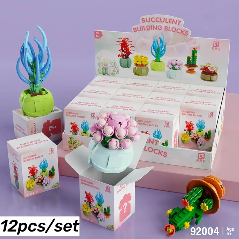 12 Stuks Sappige Blinde Doos Bouwstenen Kinderen Planten Potted Diy Speelgoed Stapelen Blokken Model Mystery Box Meisjes Vakantie Geschenken