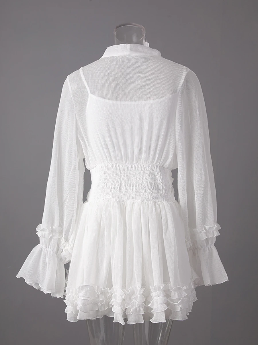 TWOTWINSTYLE Solid Sheer Spliced เชื้อราพับ Elegant ชุดผู้หญิง V คอยาวแขนยาว Patchwork Lace Up ชุดมินิหญิง