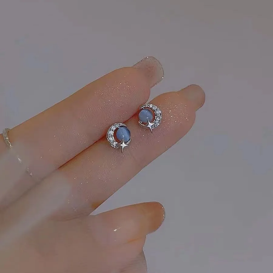 Korean Simple Blue Opal Star Moon Stud Earrings for Women Exquisite Zircon Cross Planet Round Earrings Aesthetic Jewelry Gifts