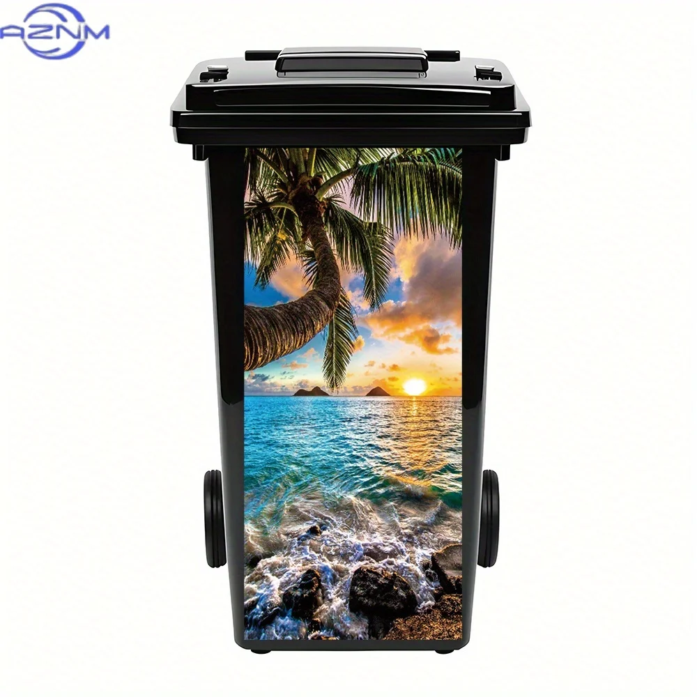 1pc of a Sunset Beach Scene Featuring Palm Trees And Rocks, a Waterproof And Removable PVC Sticker Suitable for Trash Bins, Wa
