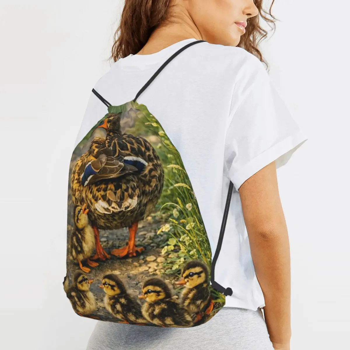 Mallard Mother Duck With Ducklings Backpacks Portable Drawstring Bags Sports Bag Book Bags for Man Woman Students