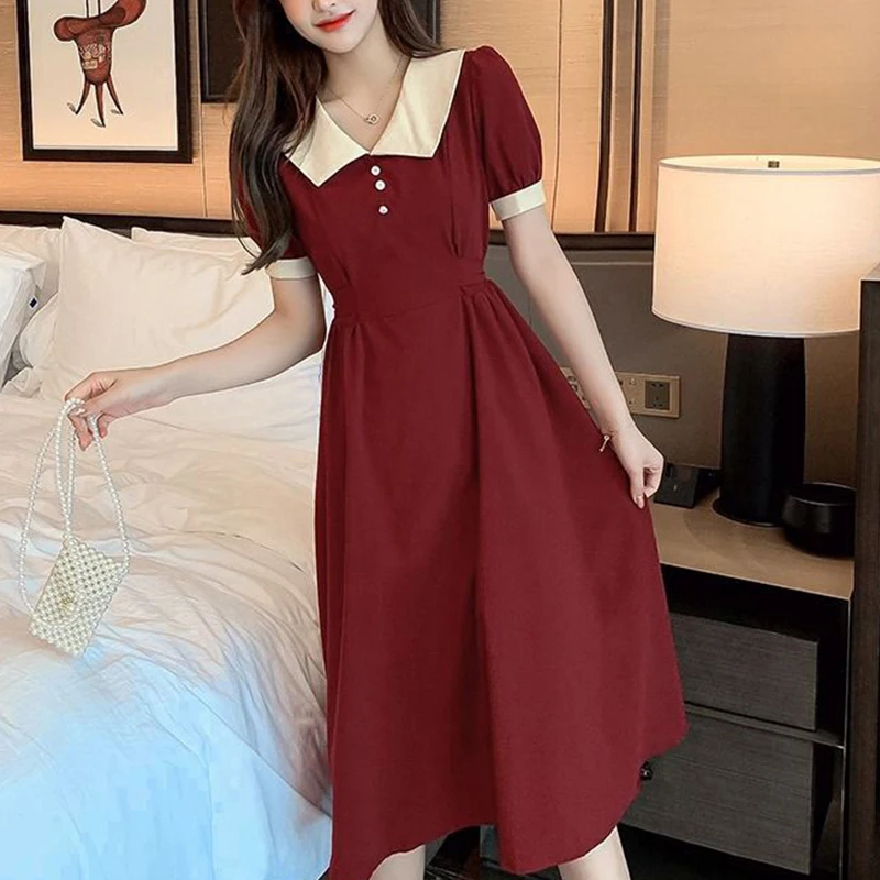 Robe mi-longue élégante à manches courtes pour femmes, robe trapèze simple, col beurre, vêtements éducatifs, nouvelle mode décontractée, été