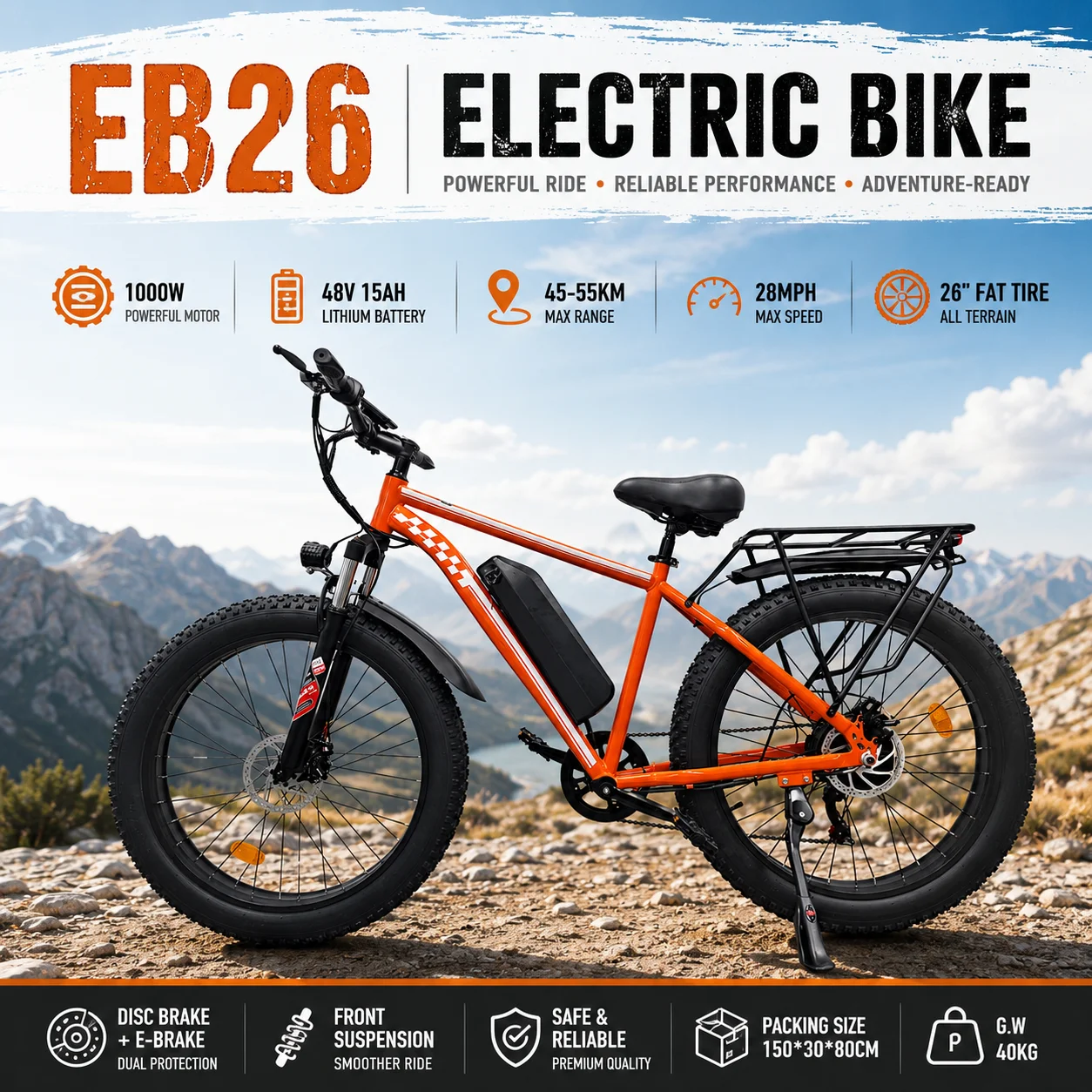 

OBX-EB26 E-Bike Electric Bike for Adults 1000W Motor 48V 15Ah Battery 26 Inch Fat Tire E-Bike Disc Brake 28MPH 55KM Range