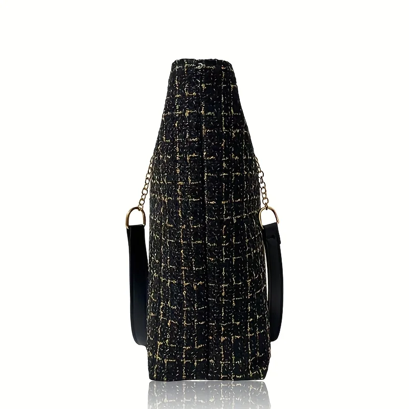 Elegante Damen-Vintage-Tweed-Tragetasche mit Karomuster, elegante Schultertasche mit großem Fassungsvermögen und goldenem Kettenakzent – Detail 10