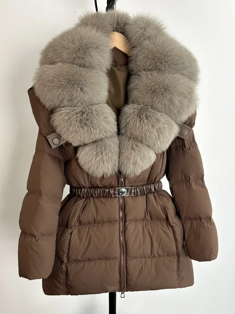 Janveny großes natürliches Fuchs fell 90% Enten Daunen jacke Frauen 2024 Winter neue dicke weibliche Feder Parkas schlanker Puffer mantel mit Gürtel