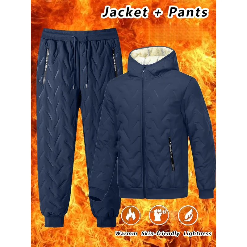 Men's 2-Piece Warm Sportswear Casual Sports Thickened Hooded Jacket Cold-Proof Warm Sweatpants Clothing Winter Clothes Coat Man