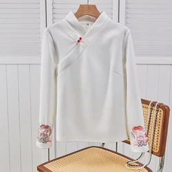 Chinese style Embroidered Blouse Tea Master Costume Autumn Winter Vintage Improved Women's Hanfu Commuter White Long Sleeves