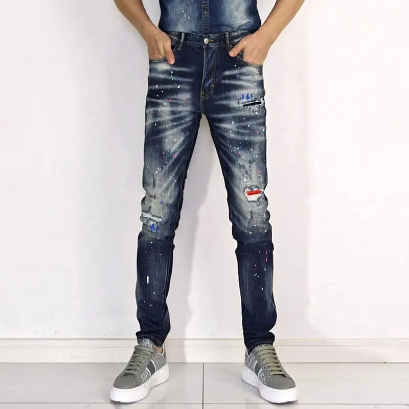 Hombre Ripped Splash Ink Patch Skinny Jeans Mid Rise Stretch Slim Streetwear Denim Jeans