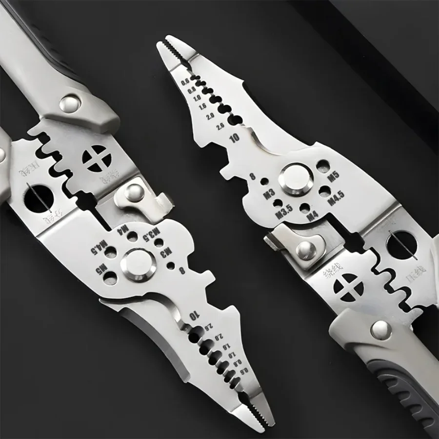 Multi funcional industrial descascador de fio cortador crimper resistente alicate elétrico de aço inoxidável aperto ergonômico