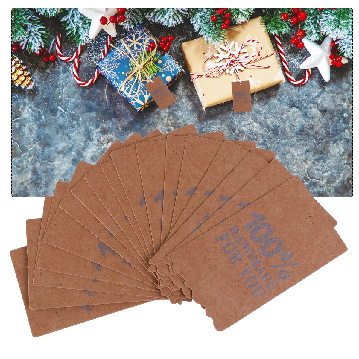 

1 set Kraft Paper Gift Tags Sturdy Brown Hangtags Pre Punched Rope String for Cakes Boxes Christmas Gifts Clothing Student