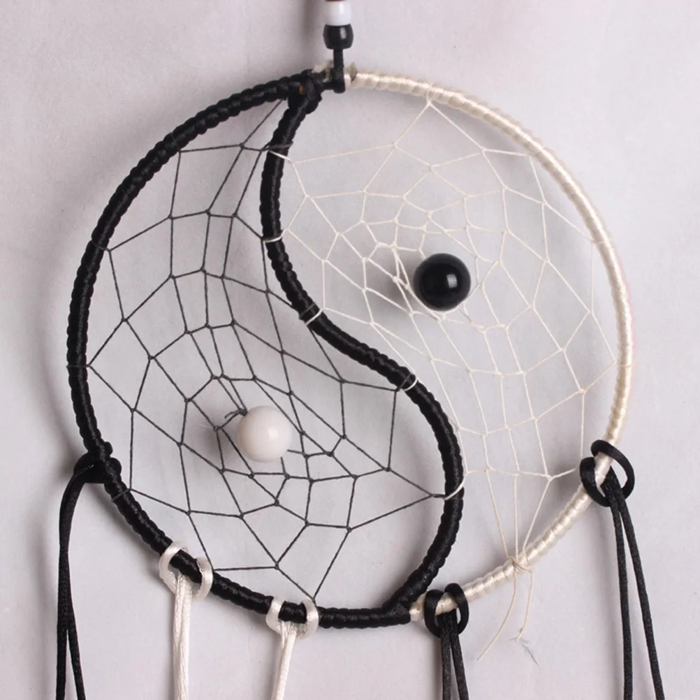 

Handmade and Bead Wind Chime Dreamcatcher with Tai Motif Black White 15Cm Diameter 50Cm Long Wall Decor for Modern