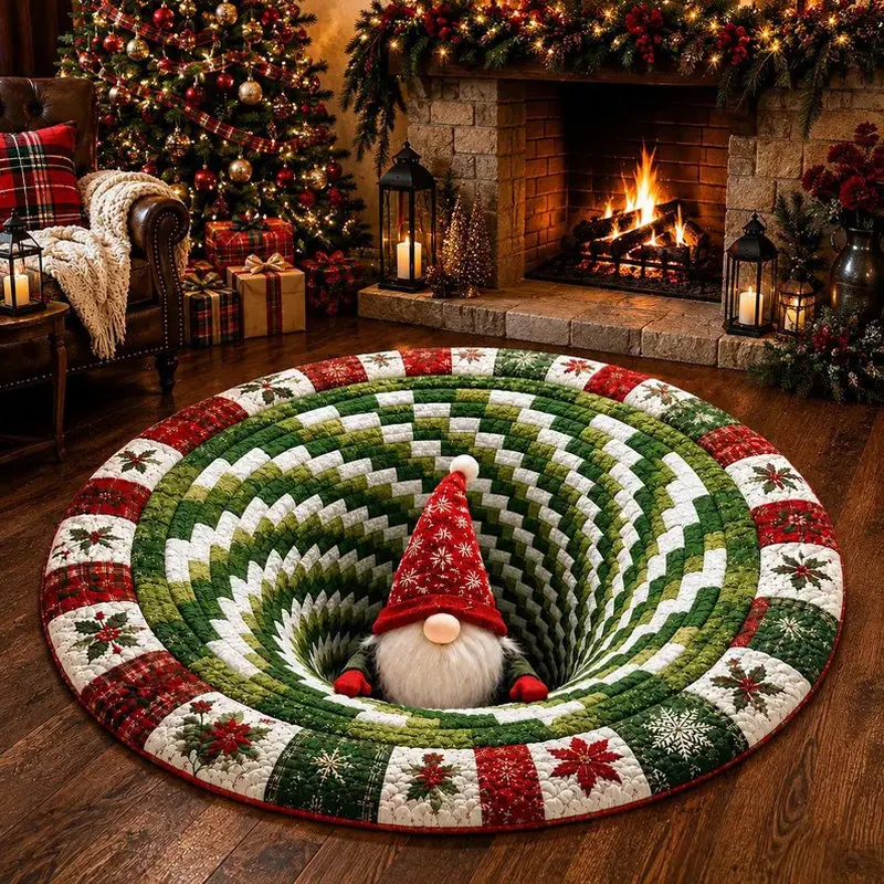 VIKAMA Vortex Tunnel Gnome Round Rug, Soft Flannel Christmas Carpet, Non Slip Washable Fluffy Holiday Floor Mat for Living Room