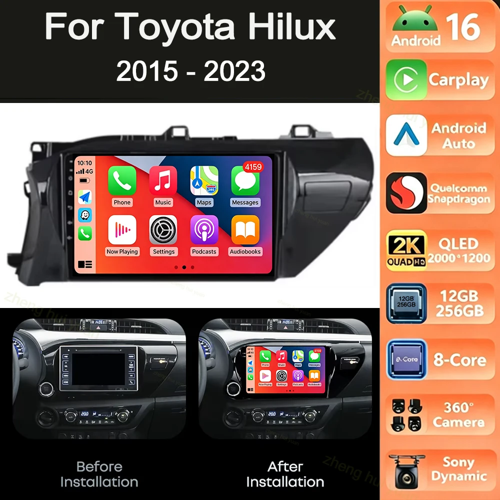 Android 16 Auto Carplay Car Radio Multimedia For Toyota Hilux Pick Up AN120 2015 - 2023 LHD Stereo Video Player GPS WIFI 4G DSP