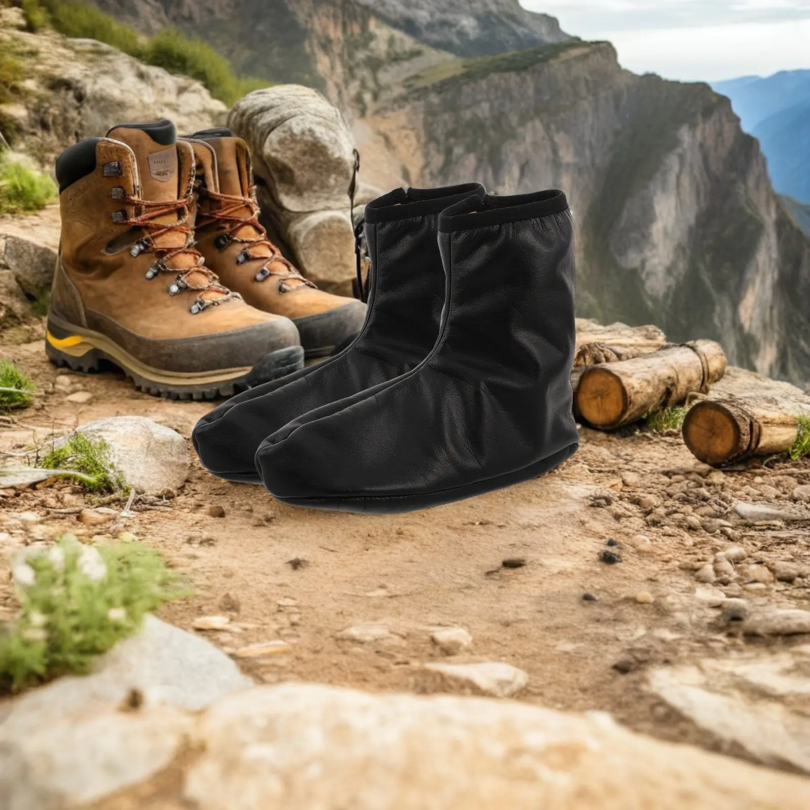 

1Pair Unisex Waterproof PU Socks with Zipper Thermal Fleece Lined Winter Insulated Hiking Boot Liner Socks for Camping