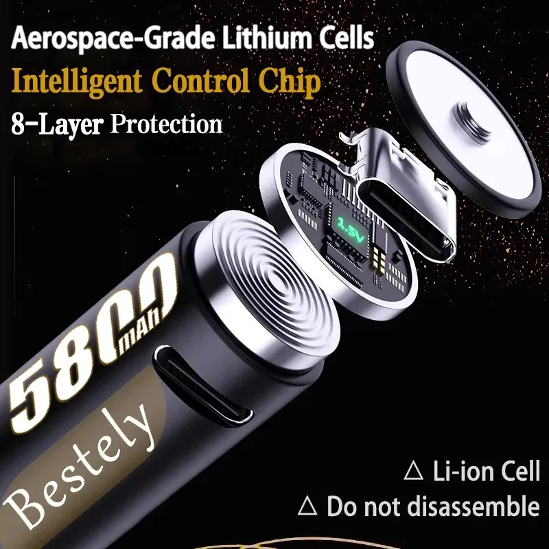 베스텔리 1.5V AA 5800mAh 리튬 충전지, 고용량 USB-C 충전기 포함, 스마트 기기용 2000회 충전 사이클