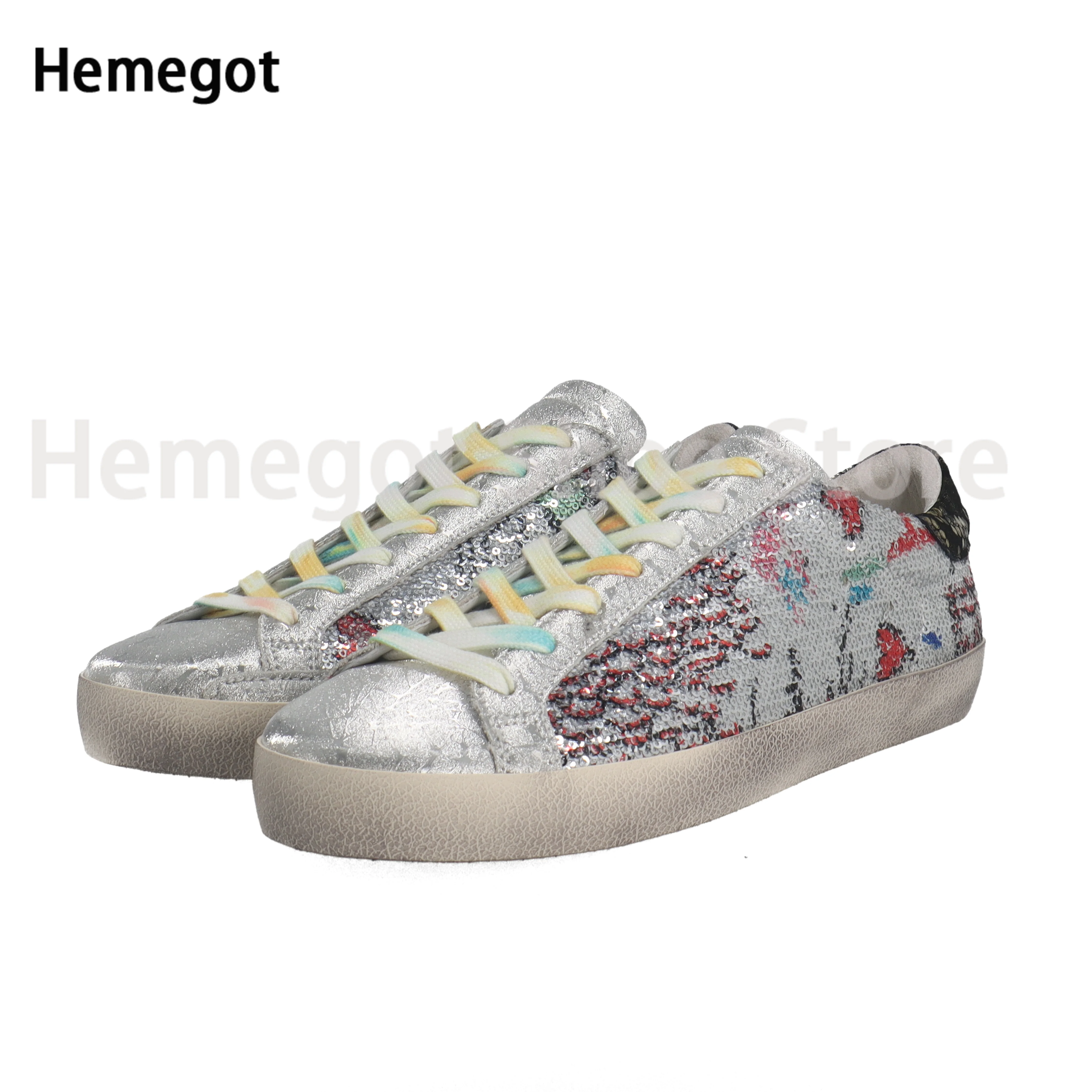 

Mixed Colors Sequins Leisure Sneaker Round Toe Cattlehid Lace-Up Casual Flat Shoes Men Shoes Summer Autumn New In